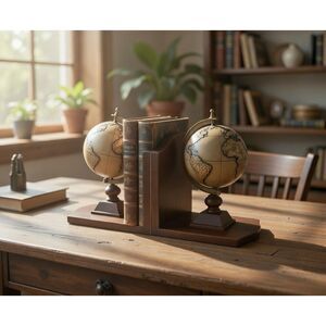 World Map Globe Bookends Spinning Wood Base, 2.1 lbs each, Home Interiors